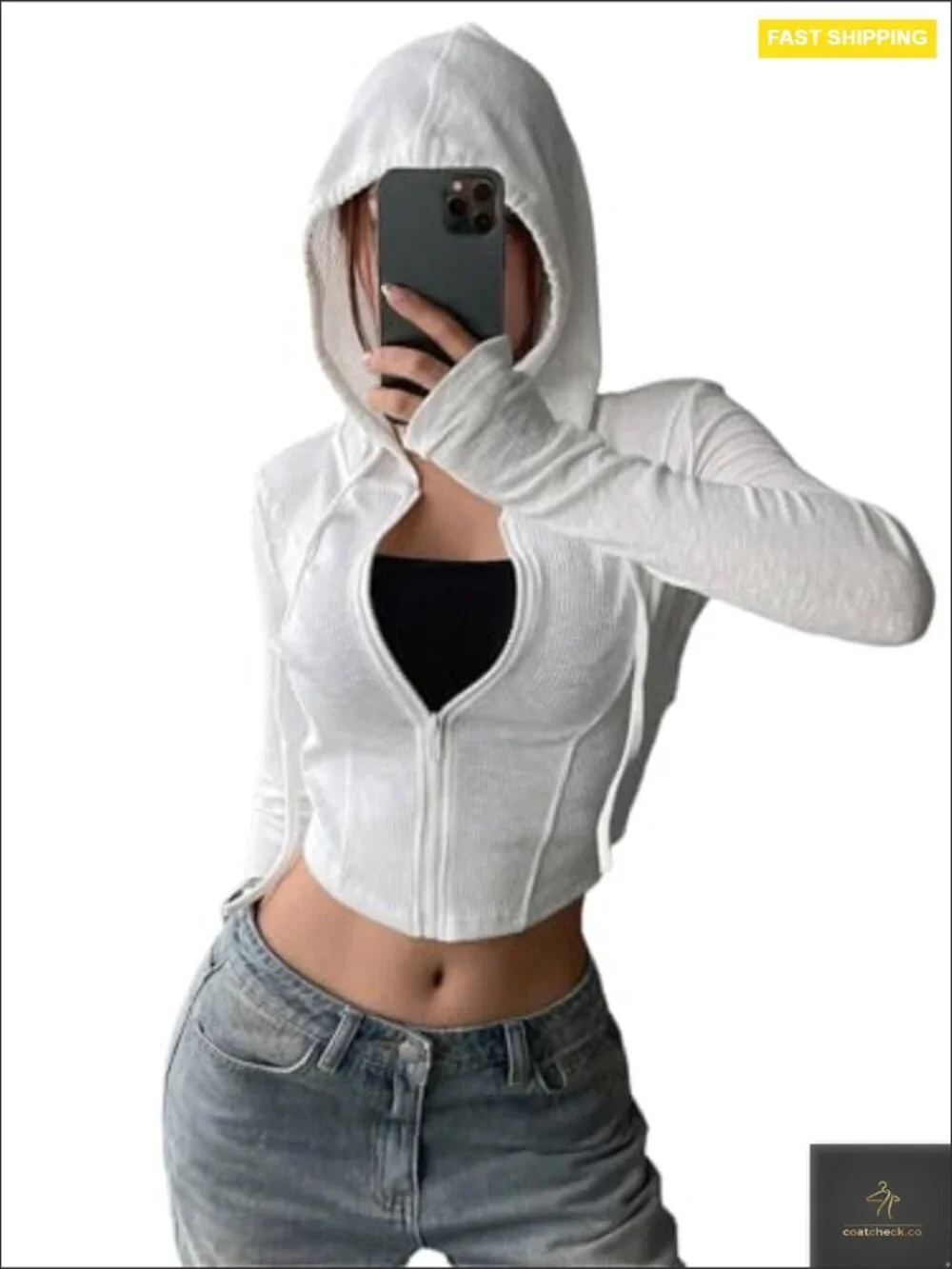 Cropped Zip Up Hoodie Lightweight Long Sleeve Rib Knit Slim Crop Jacket Casual